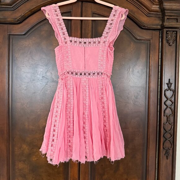 Free People Verona Lace Crochet, Cotton Mini Dress - Pink - Size Small - Picture 13 of 13